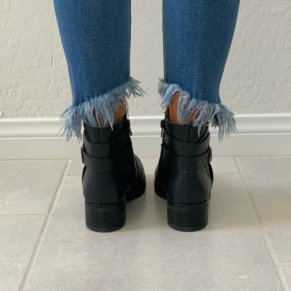 Black Chic Lug Sole Harness Detail Tall Ankle Boot - Picture 6 of 8